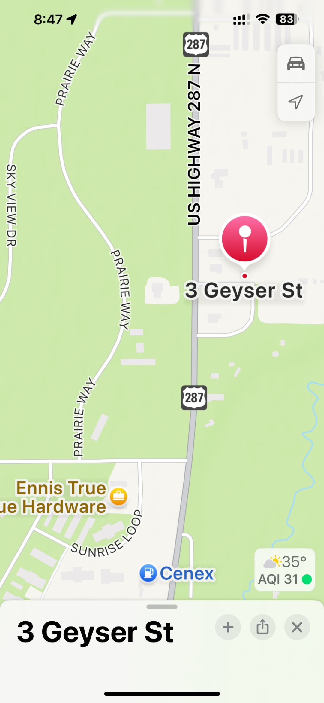 Google Maps screenshot showing 3 Geyser Street in Ennis